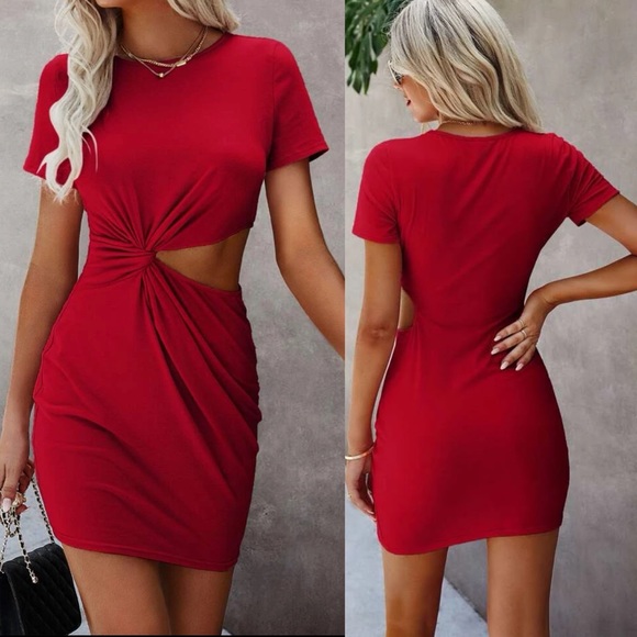 Short sleeve cutout twist knotted mini tee shirt dress burgundy - Picture 5 of 12